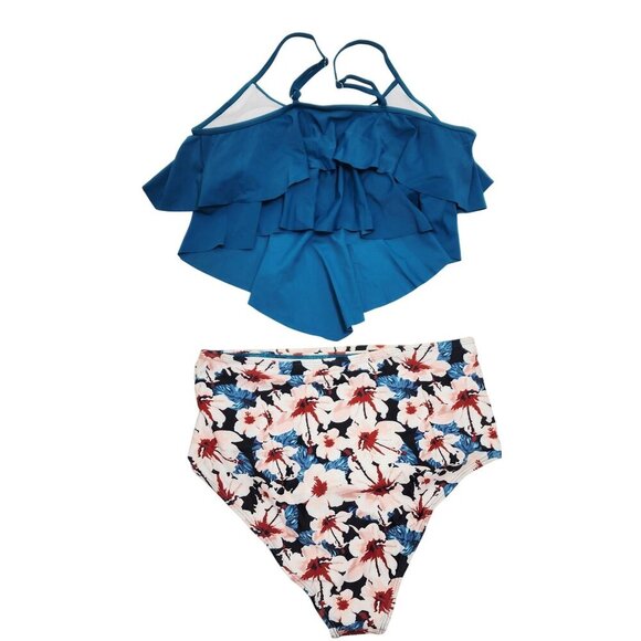 Blue Ruffle Tankini Top Swimsuit & Floral High-Waisted Bikini Bottoms Size XXL - Picture 2 of 7